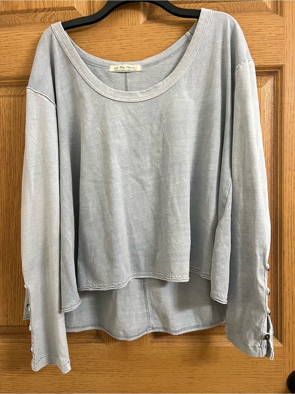Free People We The Free Oversized Blue Long Sleeve Top Raw Hem Boho Shirt Sz L
